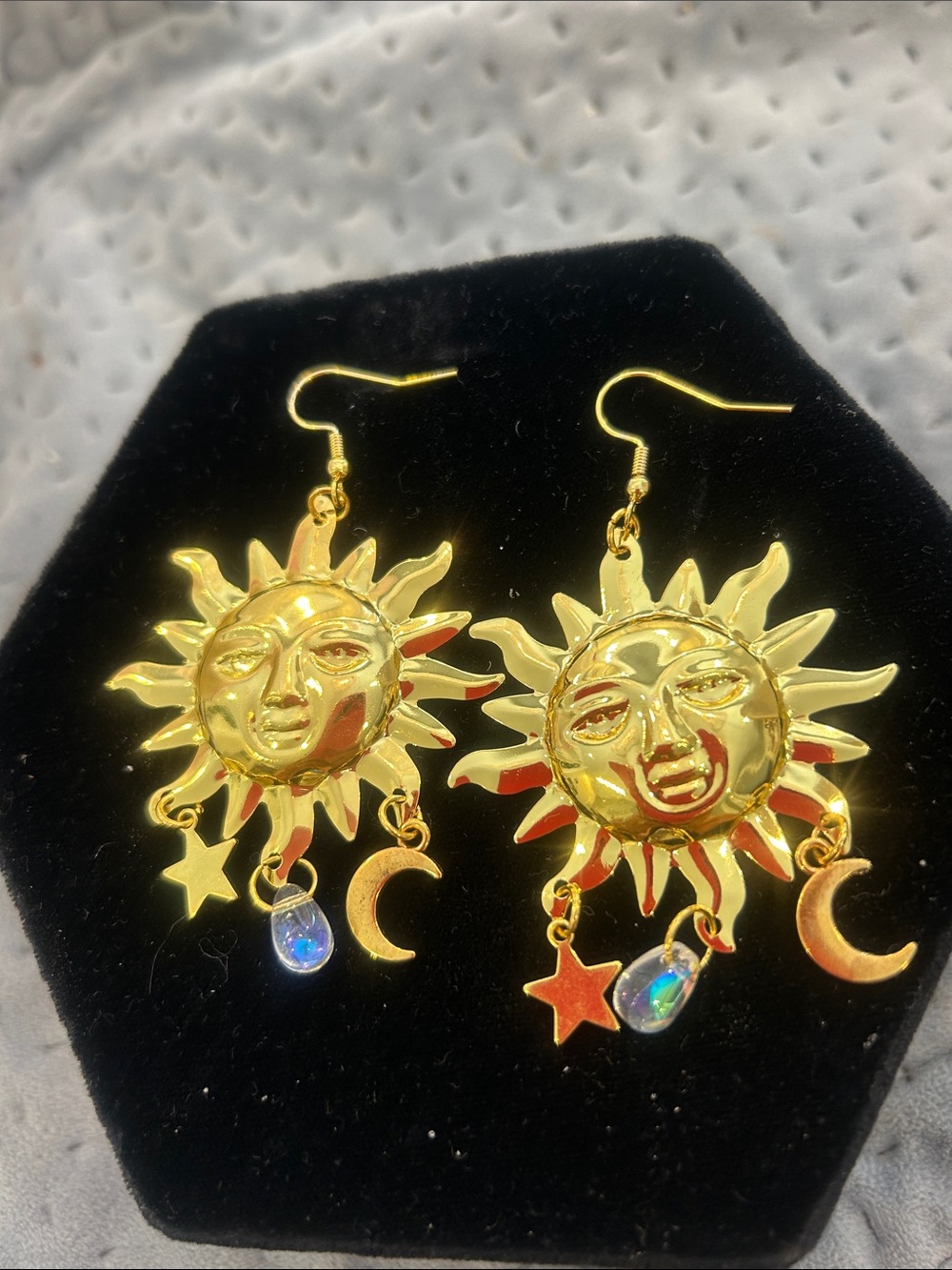 Gold Sun with Moon & Star & Crystal Dangle Earrings-NWT